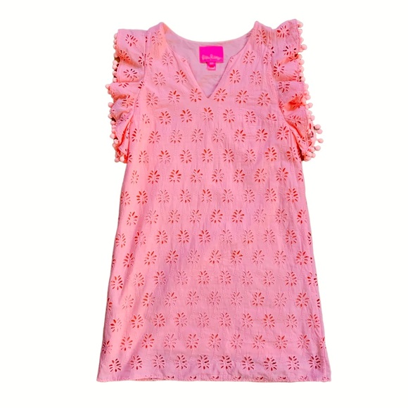 Lilly Pulitzer Astara Dress in Peach Flamingo Lilly Palm Tree Eyelet Size XXS - Picture 3 of 9